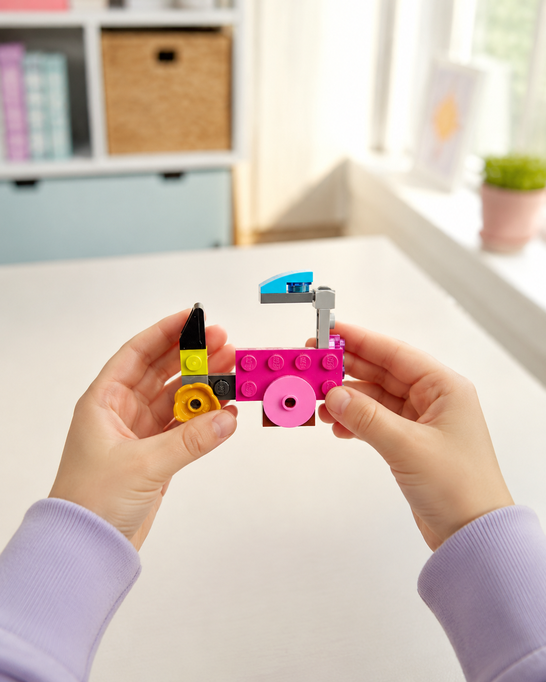 Dziecięce dłonie trzymają różowy pojazd zbudowany z klocków LEGO®