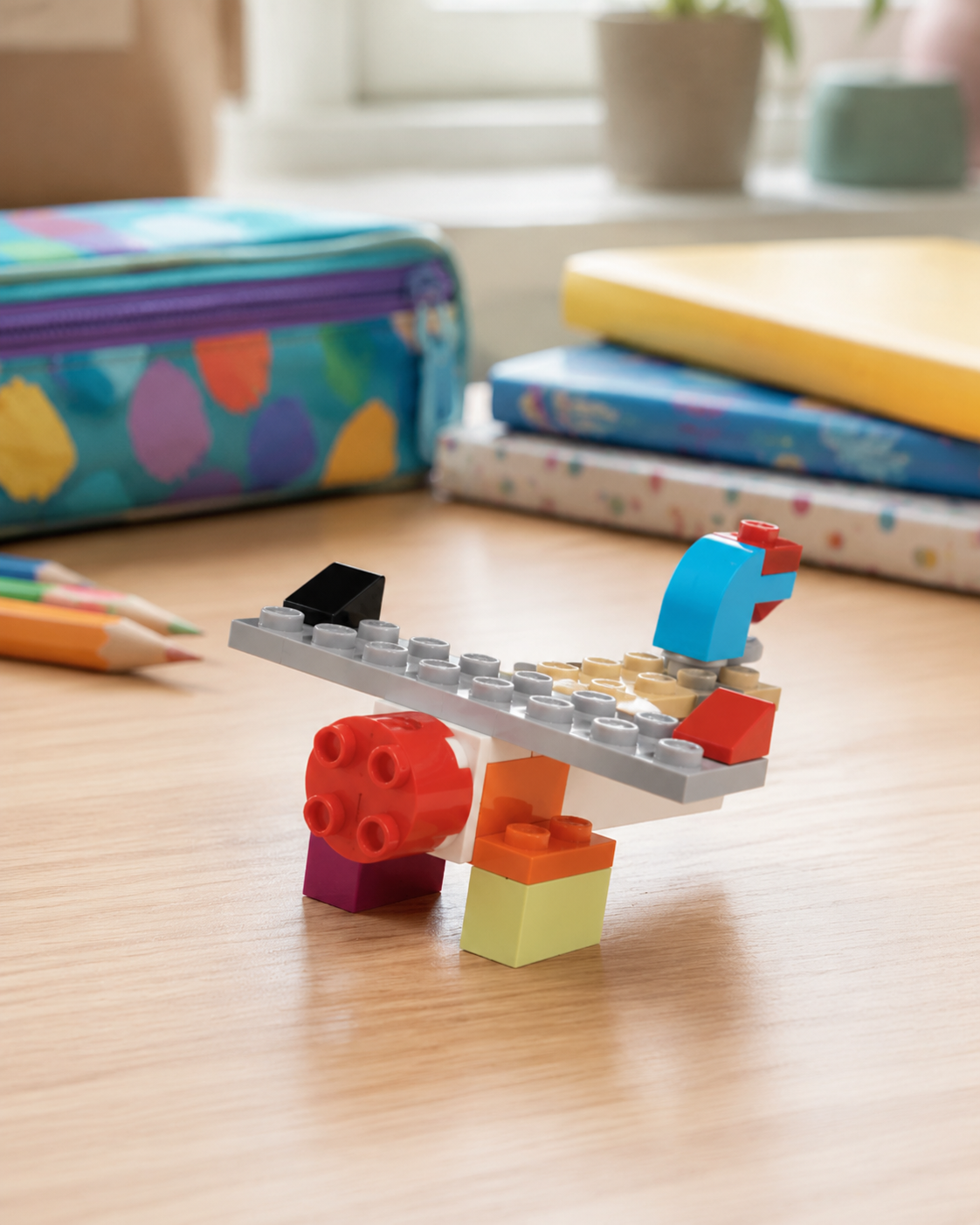 Model ptaka z klocków LEGO® na biurku obok kredek i zeszytów