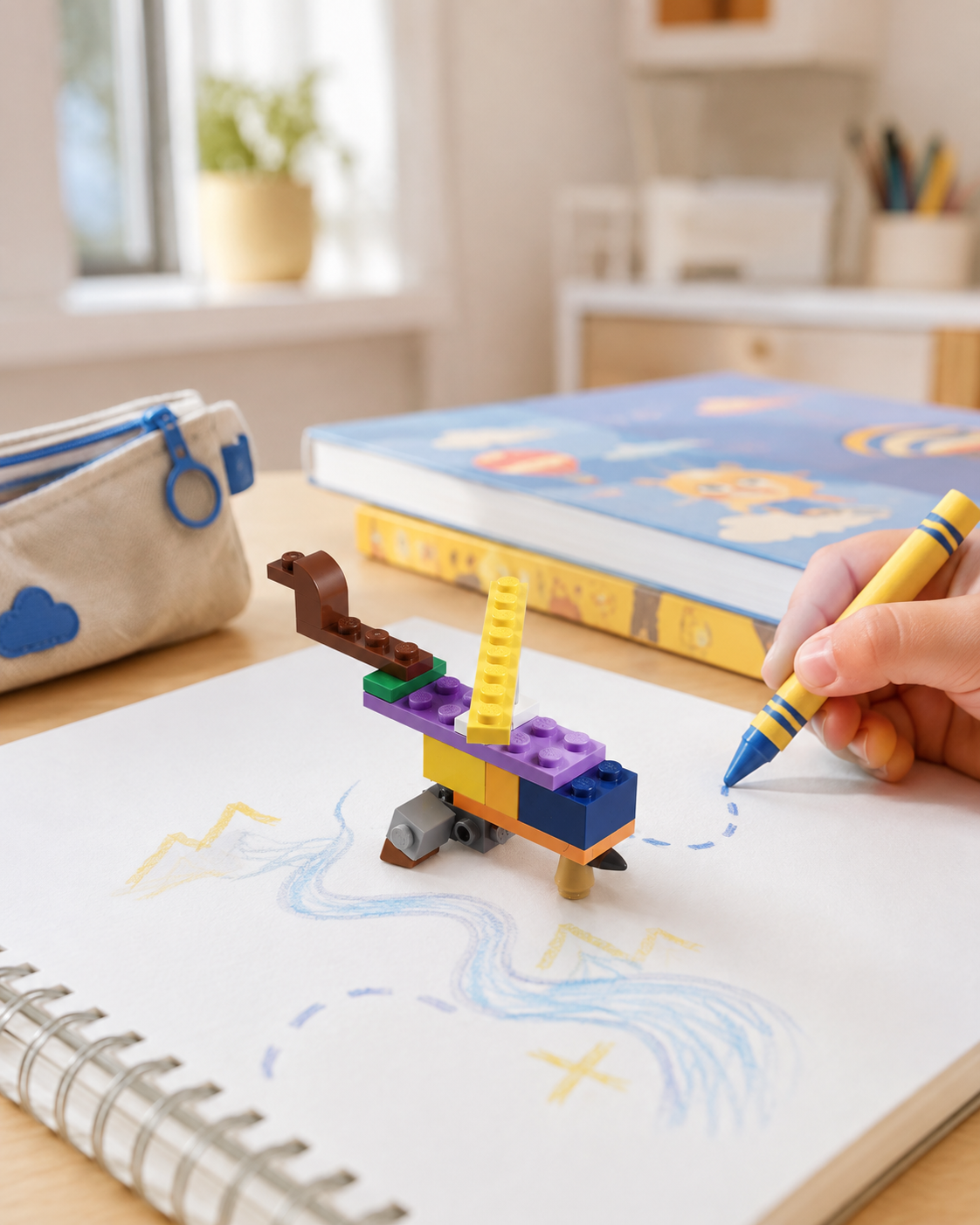 Model z klocków LEGO® stojący na szkicowniku z rysunkiem